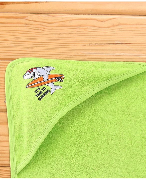 Babyhug Cotton Terry Knit Shark Print Towel with Hood L 76.2 x B 76.2 cm - Green