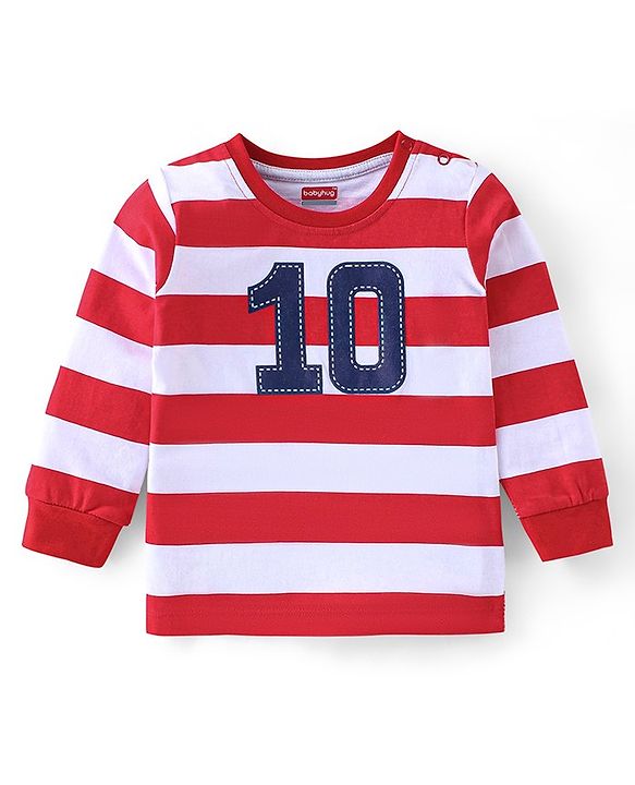 Babyhug 100% Cotton Knit Full Sleeves Striped T-Shirt With Embroidery- White & Maroon