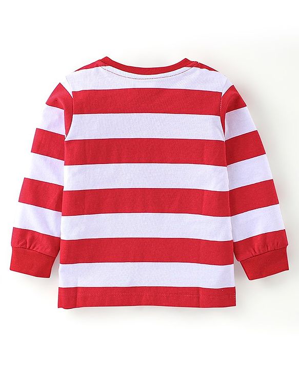 Babyhug 100% Cotton Knit Full Sleeves Striped T-Shirt With Embroidery- White & Maroon