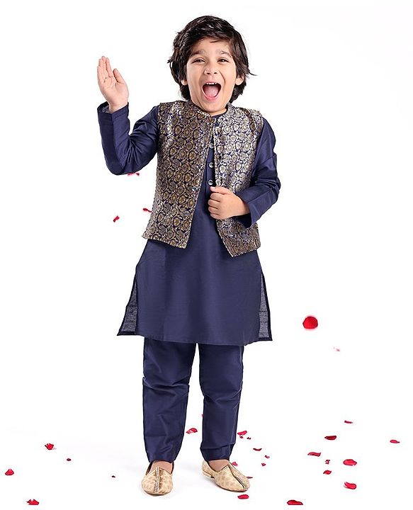 Babyhug 100% Cotton Woven Full Sleeves Kurta & Pyjama Set With Brocade Jacket Floral Print - Navy Blue