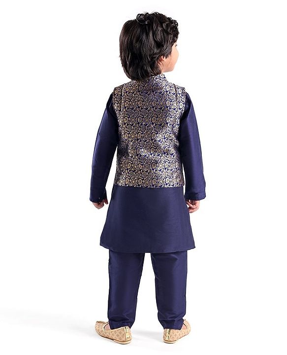 Babyhug 100% Cotton Woven Full Sleeves Kurta & Pyjama Set With Brocade Jacket Floral Print - Navy Blue