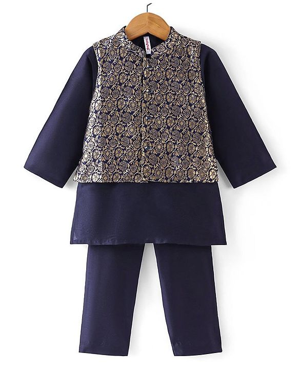 Babyhug 100% Cotton Woven Full Sleeves Kurta & Pyjama Set With Brocade Jacket Floral Print - Navy Blue