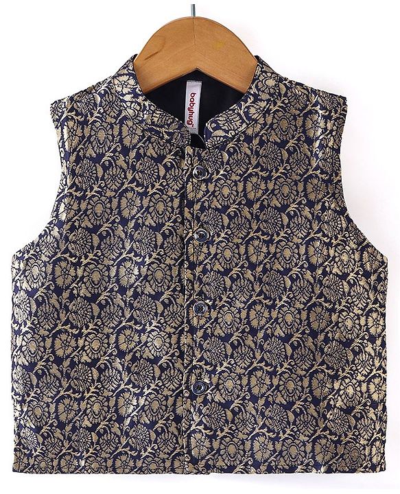 Babyhug 100% Cotton Woven Full Sleeves Kurta & Pyjama Set With Brocade Jacket Floral Print - Navy Blue