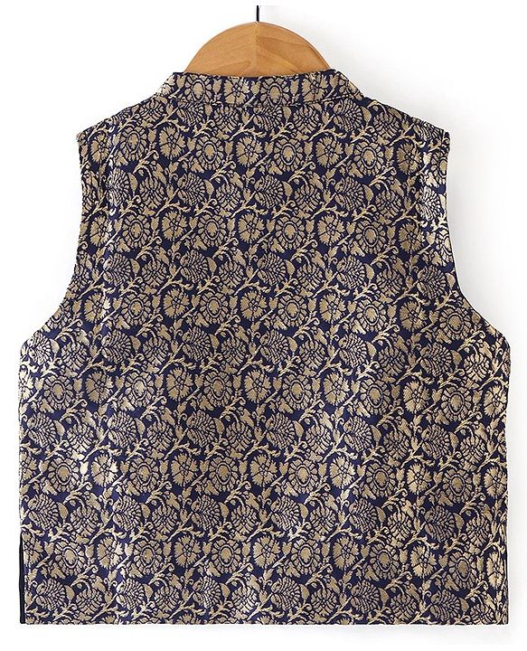Babyhug 100% Cotton Woven Full Sleeves Kurta & Pyjama Set With Brocade Jacket Floral Print - Navy Blue