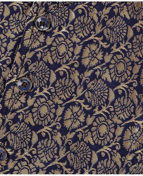 Babyhug 100% Cotton Woven Full Sleeves Kurta & Pyjama Set With Brocade Jacket Floral Print - Navy Blue