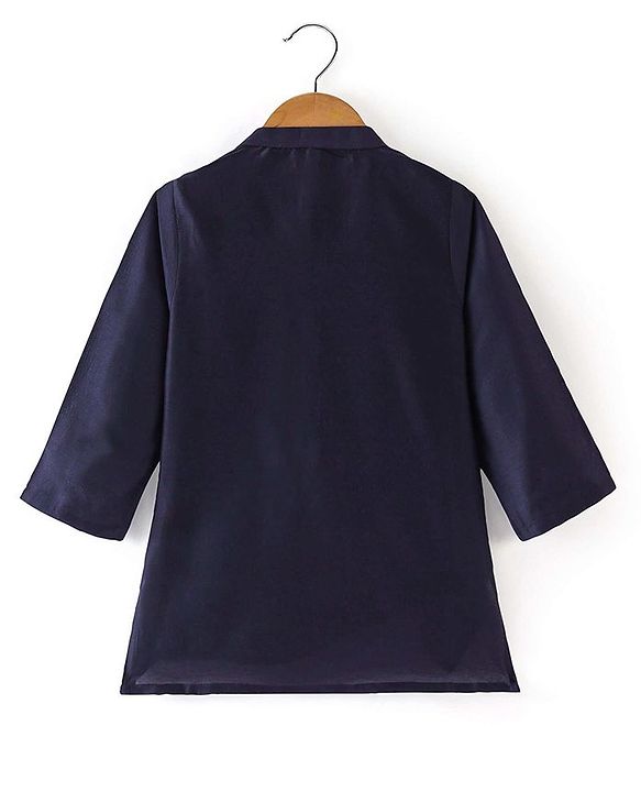 Babyhug 100% Cotton Woven Full Sleeves Kurta & Pyjama Set With Brocade Jacket Floral Print - Navy Blue