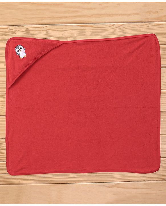 Babyhug Cotton Knit Hooded Bath Towel Penguin Embroidery L 80 x B 70 cm - Red