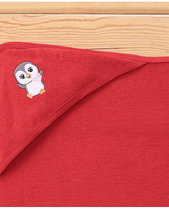 Babyhug Cotton Knit Hooded Bath Towel Penguin Embroidery L 80 x B 70 cm - Red