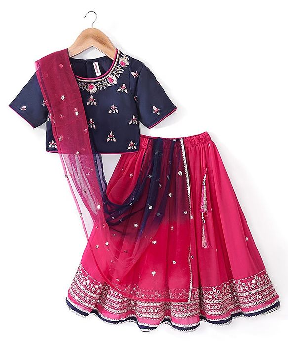 Babyhug Cotton Three Fourth Sleeve Choli With Abla Work Lehenga And Dupatta - Fuschia & Navy Blue