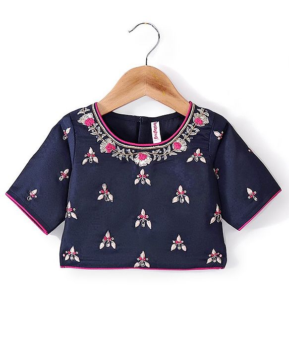 Babyhug Cotton Three Fourth Sleeve Choli With Abla Work Lehenga And Dupatta - Fuschia & Navy Blue