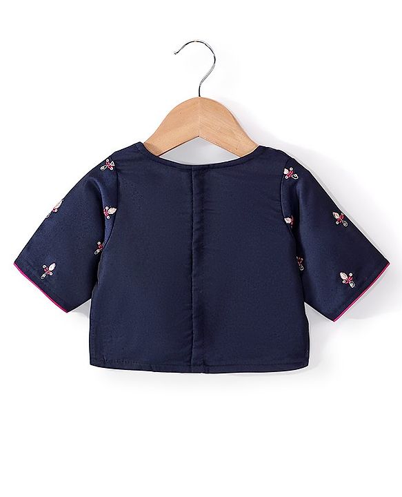 Babyhug Cotton Three Fourth Sleeve Choli With Abla Work Lehenga And Dupatta - Fuschia & Navy Blue