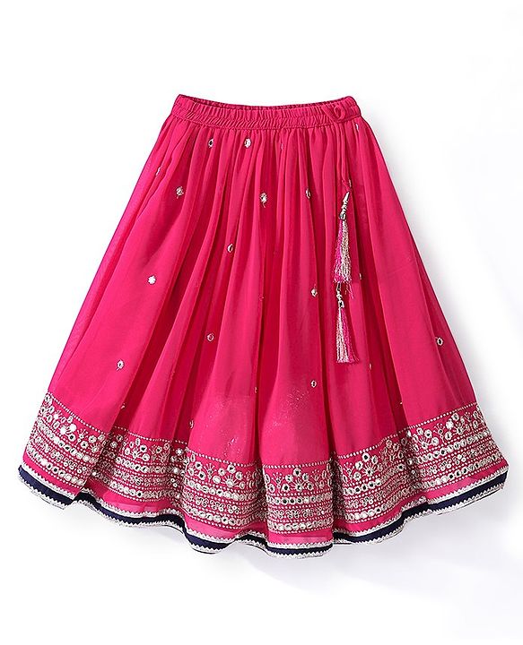 Babyhug Cotton Three Fourth Sleeve Choli With Abla Work Lehenga And Dupatta - Fuschia & Navy Blue