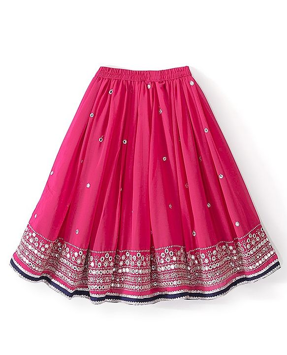 Babyhug Cotton Three Fourth Sleeve Choli With Abla Work Lehenga And Dupatta - Fuschia & Navy Blue