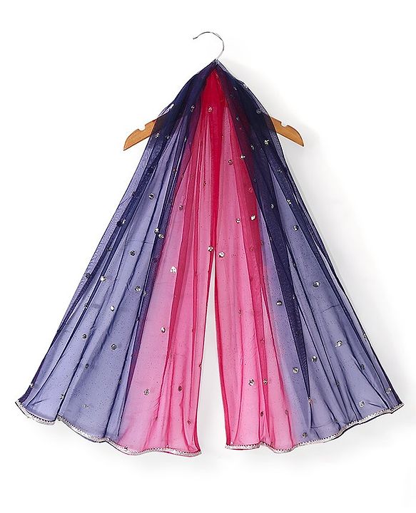 Babyhug Cotton Three Fourth Sleeve Choli With Abla Work Lehenga And Dupatta - Fuschia & Navy Blue