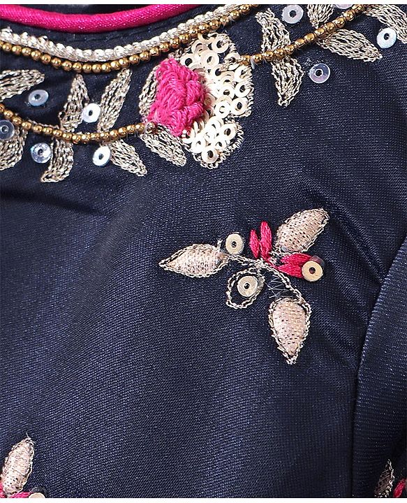 Babyhug Cotton Three Fourth Sleeve Choli With Abla Work Lehenga And Dupatta - Fuschia & Navy Blue