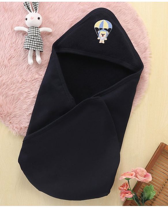 Babyhug Cotton Terry Knit Towel with Hood Bear Applique L 76.2 x B 76.2 cm - Navy Blue