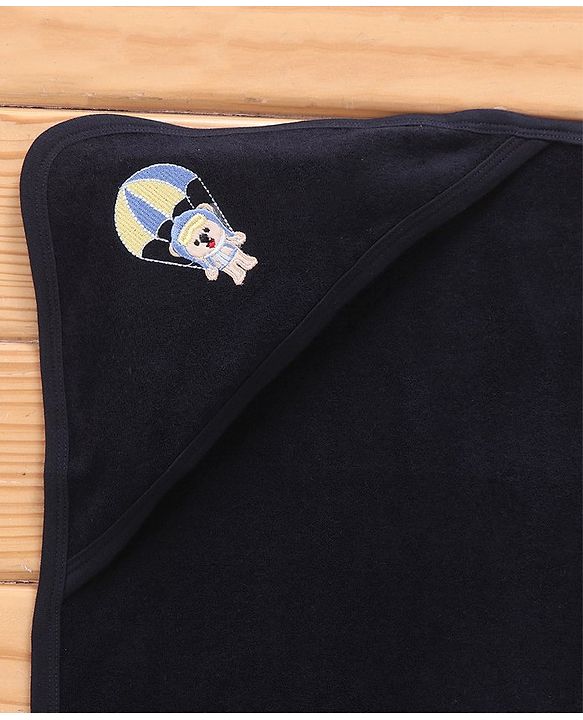 Babyhug Cotton Terry Knit Towel with Hood Bear Applique L 76.2 x B 76.2 cm - Navy Blue