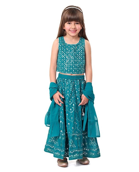 Babyhug Sleeveless Embroidered Choli & Lehenga Set With Dupatta - Teal Green