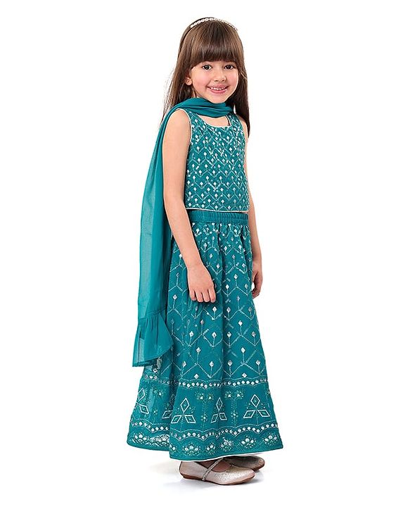 Babyhug Sleeveless Embroidered Choli & Lehenga Set With Dupatta - Teal Green