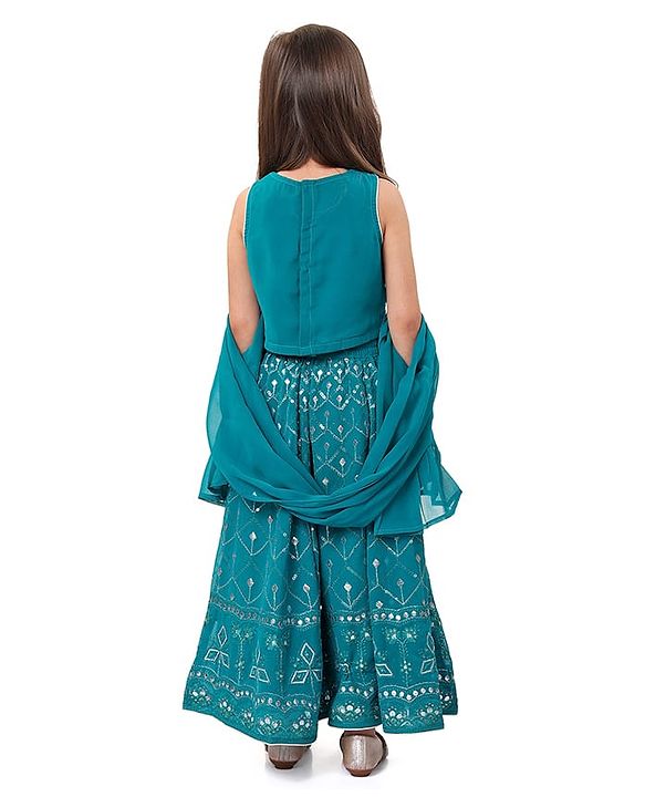 Babyhug Sleeveless Embroidered Choli & Lehenga Set With Dupatta - Teal Green
