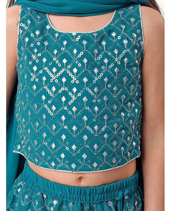 Babyhug Sleeveless Embroidered Choli & Lehenga Set With Dupatta - Teal Green