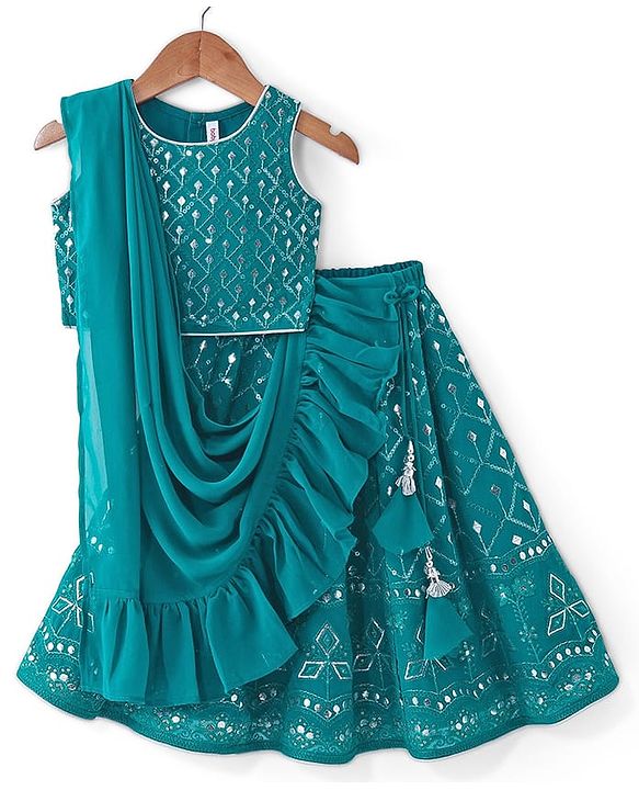 Babyhug Sleeveless Embroidered Choli & Lehenga Set With Dupatta - Teal Green
