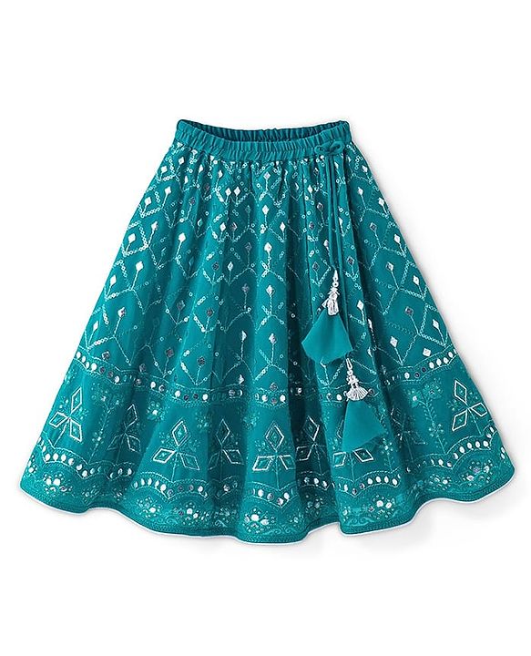 Babyhug Sleeveless Embroidered Choli & Lehenga Set With Dupatta - Teal Green