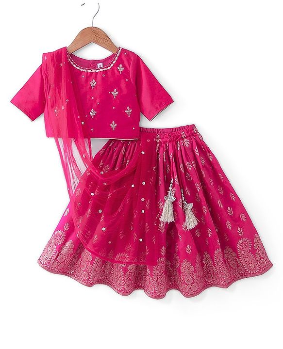 Babyhug Three Fourth Sleeves Floral Embroidered Choli & Lehenga Set With Dupatta - Fuchsia