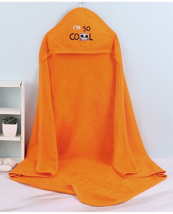 Babyhug Terry Knit Hooded Bath Towel Text & Kitty Embroidery L 76 x B 76 cm - Orange