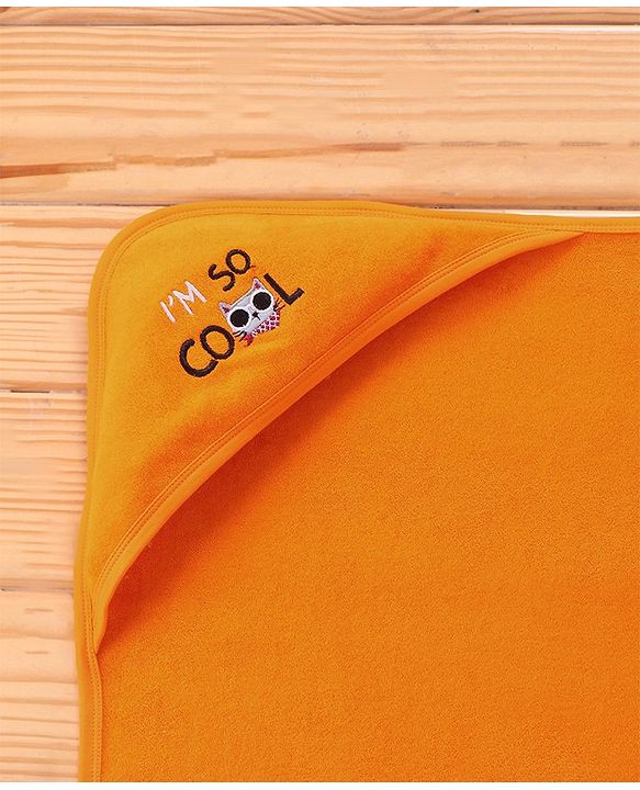 Babyhug Terry Knit Hooded Bath Towel Text & Kitty Embroidery L 76 x B 76 cm - Orange