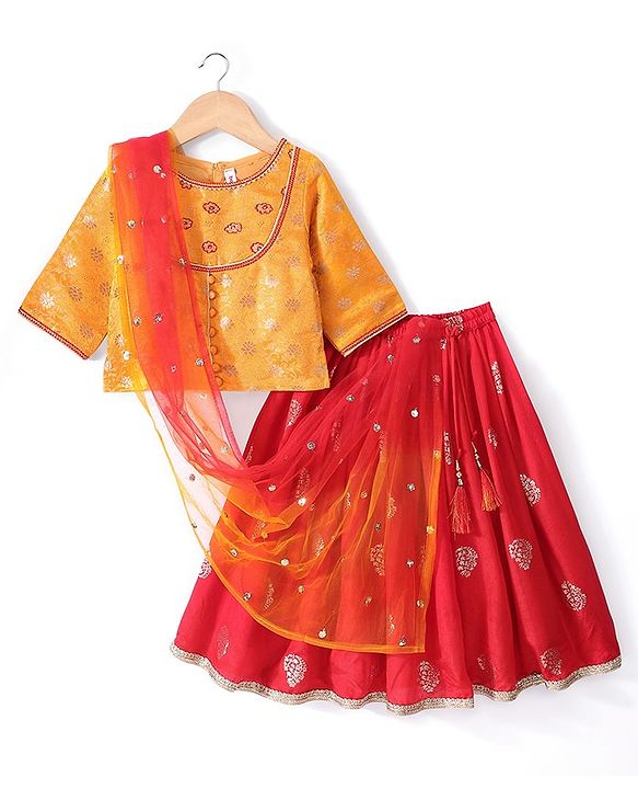 Babyhug Woven Three Fourth Lehenga Choli And Dupatta Floral Embroidered - Orange & Red