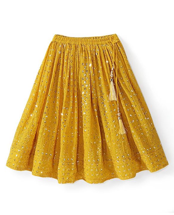 Babyhug Woven Three Fourth Lehenga Choli And Dupatta Floral Embroidery & Sequine Detailing - Yellow