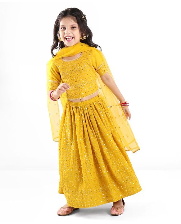 Babyhug Woven Three Fourth Lehenga Choli And Dupatta Floral Embroidery & Sequine Detailing - Yellow
