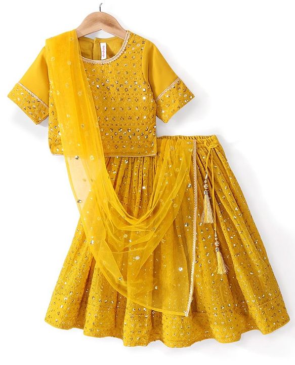 Babyhug Woven Three Fourth Lehenga Choli And Dupatta Floral Embroidery & Sequine Detailing - Yellow