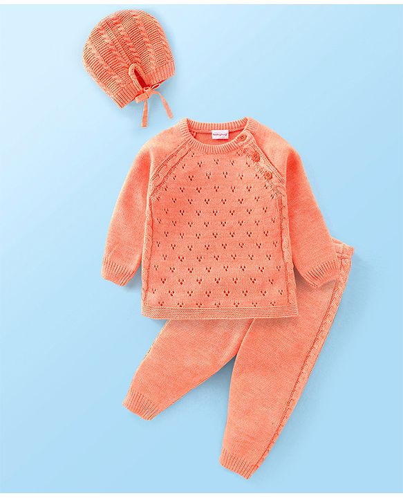 Babyhug Full Sleeves Sweater & Pajama Set with Knitted Design - Orange