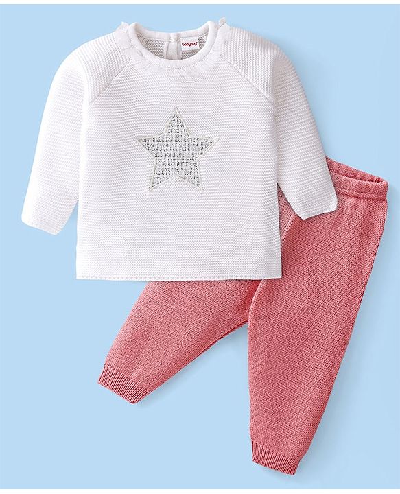 Babyhug Full Sleeves Sweater Set Star Patch - Off White