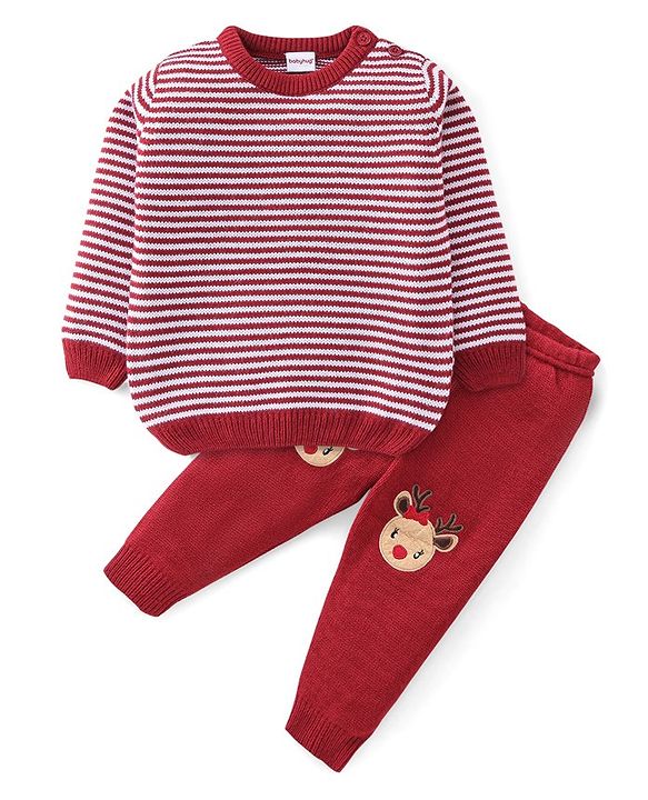 Babyhug Knitted Full Sleeves Baby Sweater Set with Stripes Design - Red