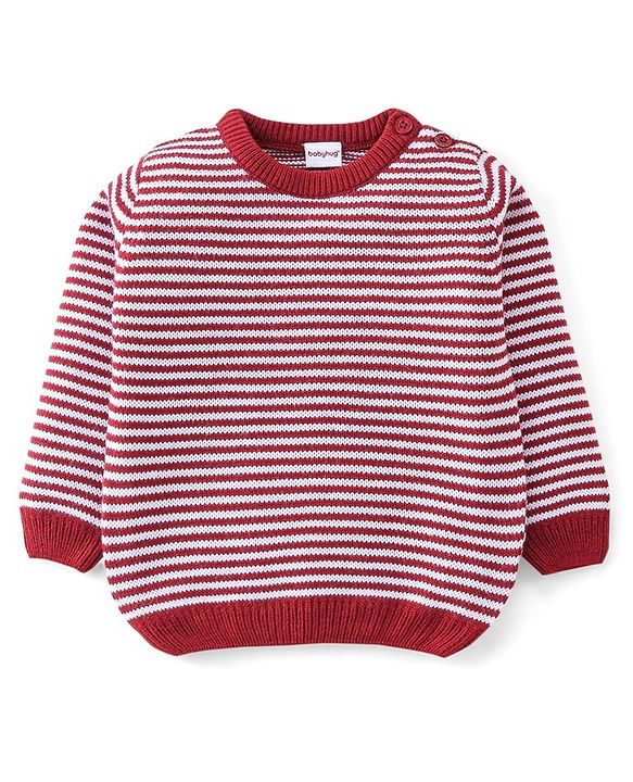 Babyhug Knitted Full Sleeves Baby Sweater Set with Stripes Design - Red