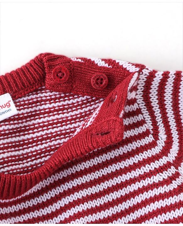 Babyhug Knitted Full Sleeves Baby Sweater Set with Stripes Design - Red
