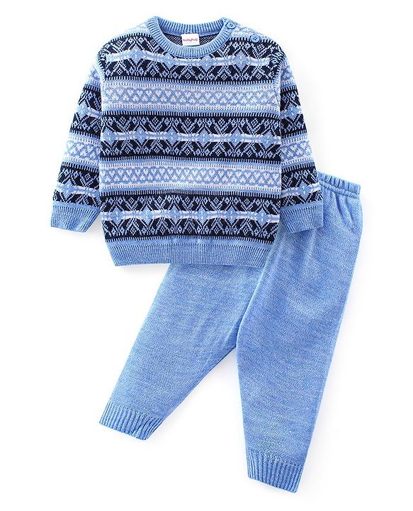 Babyhug Knitted Full Sleeves Sweater Set With Ikat Print - Blue