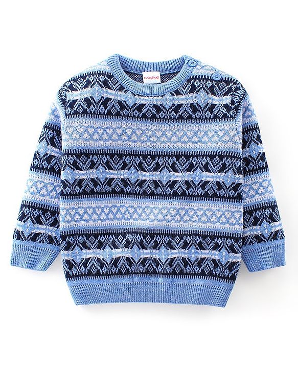 Babyhug Knitted Full Sleeves Sweater Set With Ikat Print - Blue