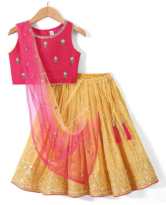 Babyhug Sleeveless Embroidered Choli with Sequenced Lehenga & Dupatta Set -Yellow & Red