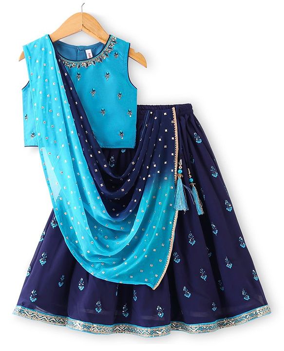 Babyhug Sleeveless Lehenga Choli & Dupatta Set with Floral Embroidery - Navy Blue