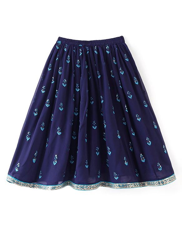 Babyhug Sleeveless Lehenga Choli & Dupatta Set with Floral Embroidery - Navy Blue