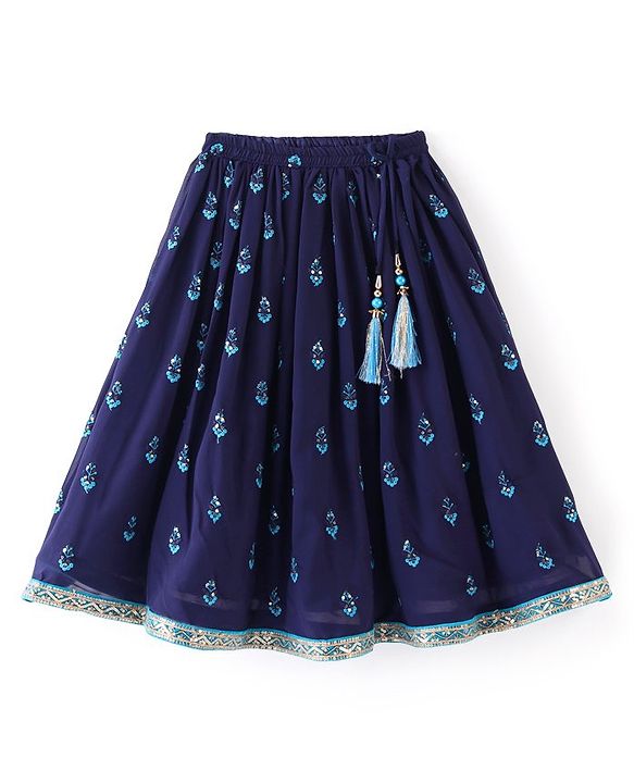 Babyhug Sleeveless Lehenga Choli & Dupatta Set with Floral Embroidery - Navy Blue