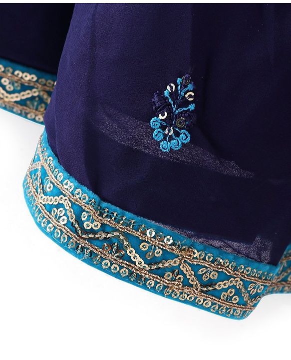 Babyhug Sleeveless Lehenga Choli & Dupatta Set with Floral Embroidery - Navy Blue