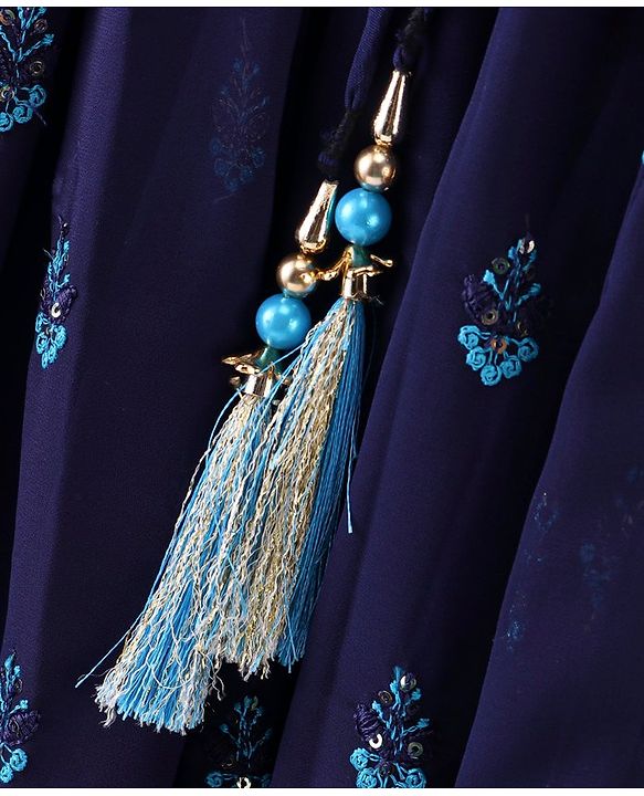 Babyhug Sleeveless Lehenga Choli & Dupatta Set with Floral Embroidery - Navy Blue