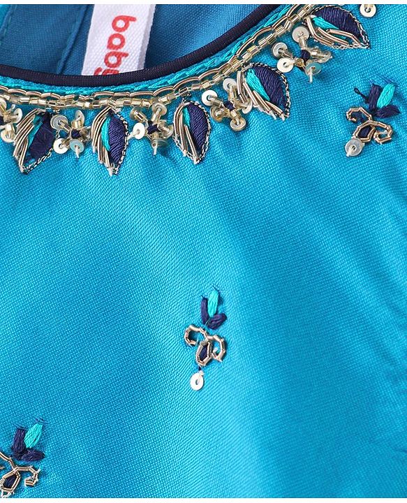 Babyhug Sleeveless Lehenga Choli & Dupatta Set with Floral Embroidery - Navy Blue