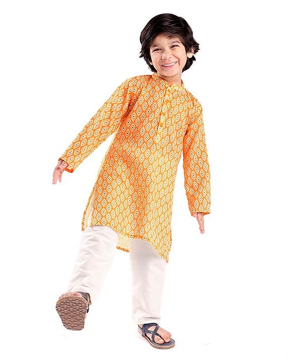 Babyhug 100% Cambric Three Full Printed Kurta With Solid Pyjama Set - Yellow