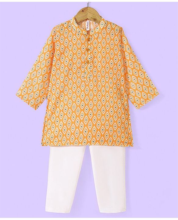 Babyhug 100% Cambric Three Full Printed Kurta With Solid Pyjama Set - Yellow